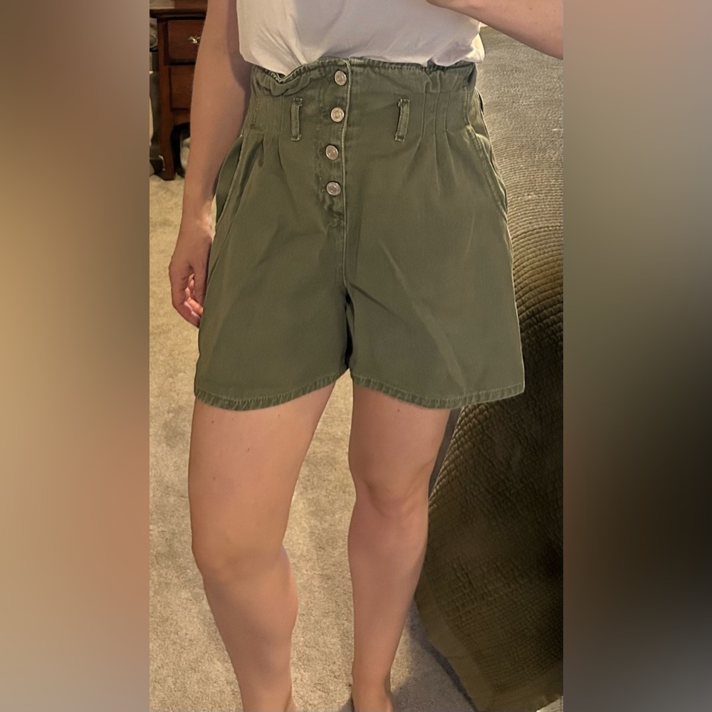 Zara, paper bag shorts. Green denim.